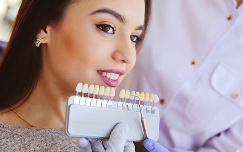 Woman's smile compared with tooth color chart