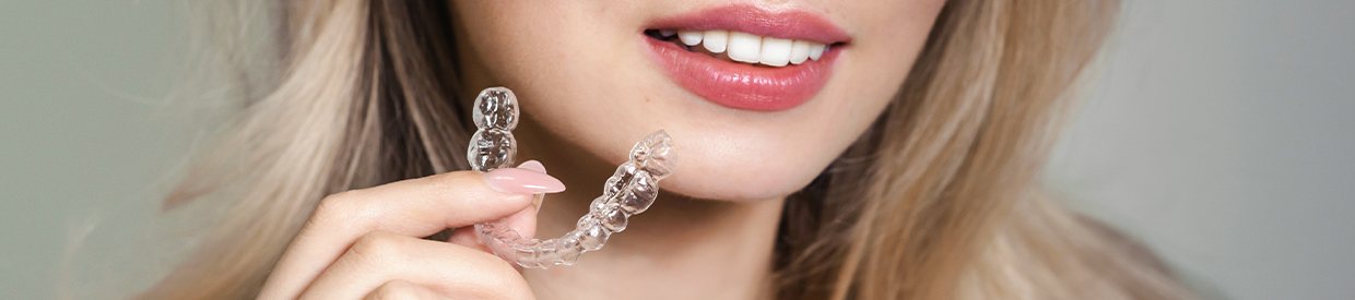 Closeup of woman holding a clear aligner